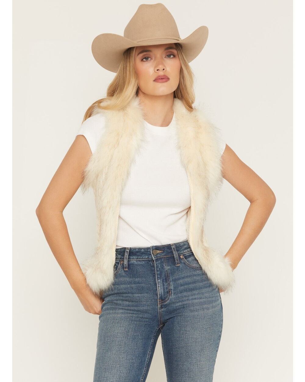 Shyanne Ivory Faux Fur Trim Knit Vest Western Cowgirl Boho Layering Medium